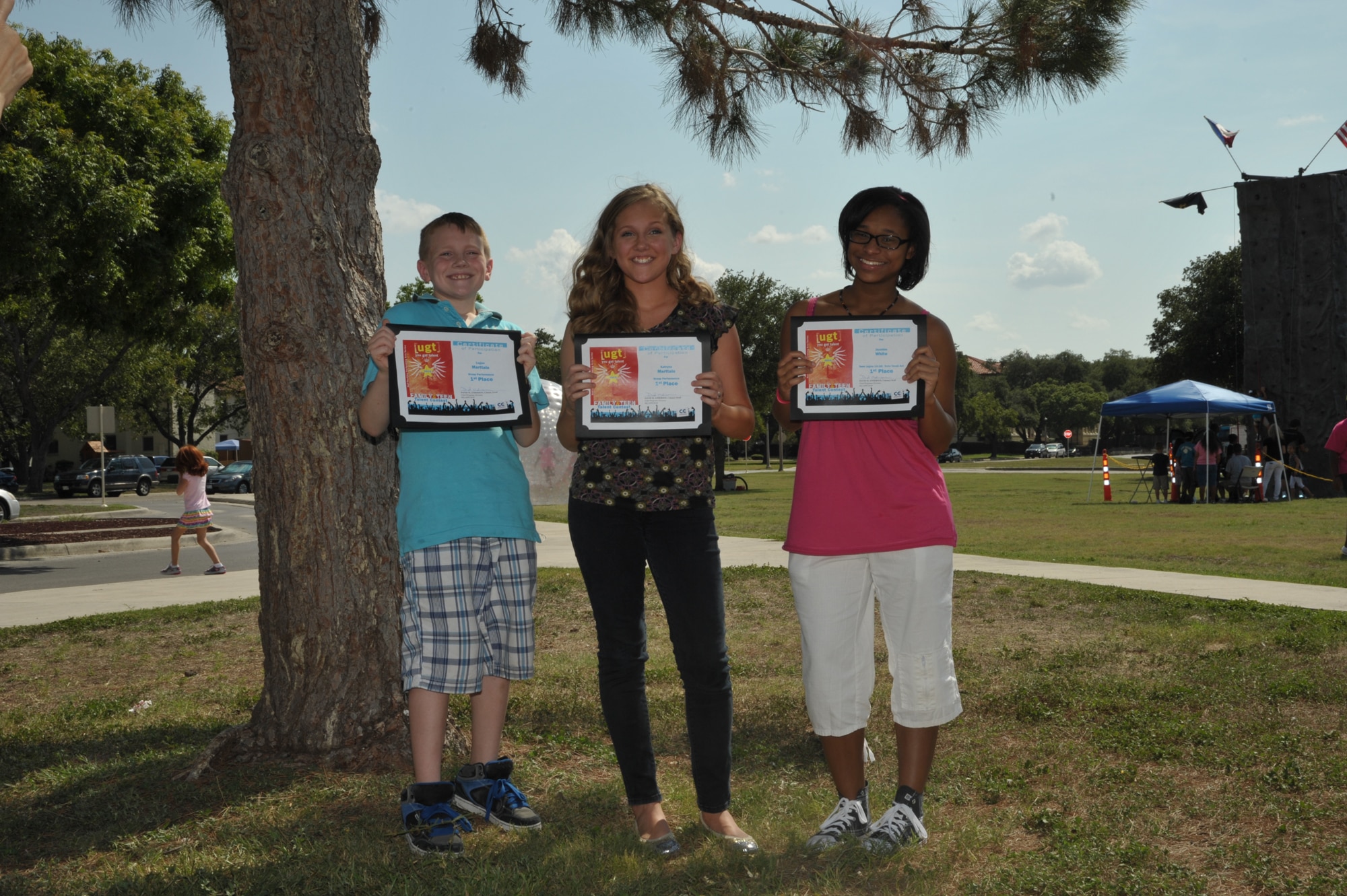 Joint Base San Antonio-Randolph Youth Program’s You Got Talent finalists Logan Marttala (from left), Katryna Marttala and Jazmine White were selected to perform with the Tops in Blue entertainment troupe during their next show near Randolph.
Photo by Airman 1st Class Lincoln Korver
