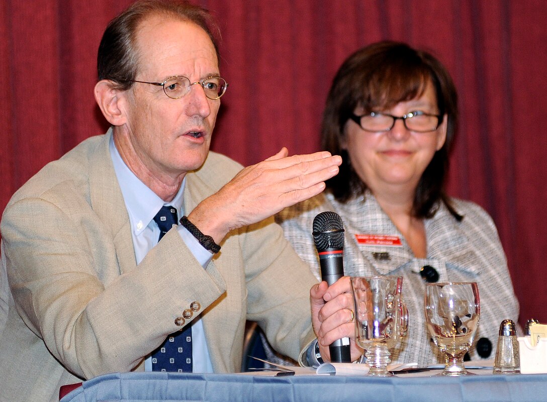 Rick Ridder (left) takes part in a panel during a Women's Equality Day luncheon at the Air Force Academy Aug. 27, 2012. Ridder is president and co-founder of RBI Strategies and Research, a political polling firm based in Denver, and has written for Salon.com and the Denver Post. Also on the panel were Catherine Perrone (right), president of the Colorado League of Women Voters, and Rep. Crisanta Duran (D-Denver) (not pictured). (U.S. Air Force photo/Mike Kaplan)