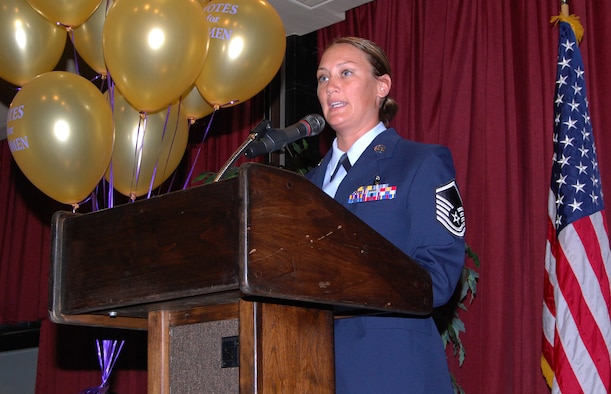 Master Sgt. Kelly Links introduces panelists at a Women's Equality Day luncheon at the Air Force Academy Aug. 27, 2012. Panelists were Rep. Crisanta Duran (D-Denver), League of Women Voters President Catherine Perrone and RBI Strategies and Research co-founder Rick Ridder. Other guests of note included Rep. Janak Joshi (R-Colorado Springs) and Lynn Gangone, dean of the University of Denver Women's College. Links is a dental technician with the Academy's 10th Dental Squadron. (U.S. Air Force photo/Don Branum)