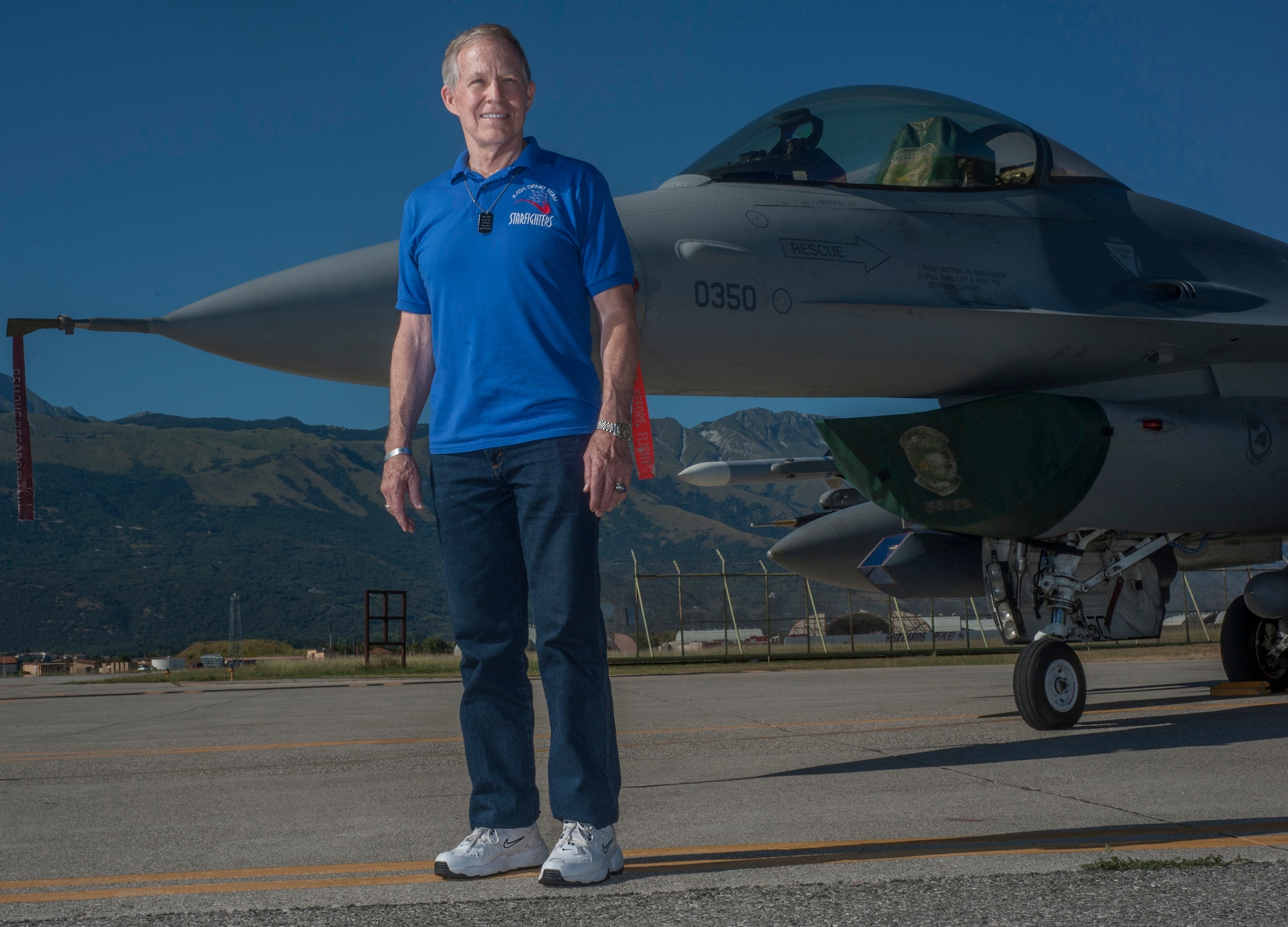 Retired Brig. Gen. R. Steve Ritchie, the last Air Force pilot to earn the title of ace, poses in front of an F-16 Fighting Falcon assigned to the 555th Fighter Squadron at Aviano Air Base, Italy Aug. 28. Ritchie became an ace while assigned ot the then 555th Tactical Fighter Squadron following his fifth aerial victory in Aug. 28, 1972 while supporting operations in Vietnam. (U.S. Air Force Photo/Airman 1st Class Matthew Lotz)