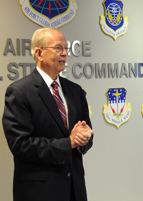 Gen. (retired) Larry D. Welch gives remarks at the dedication ceremony for the conference room named after him at Air Force Global Strike Command headquarters on Barksdale Air Force Base, La., Aug. 27. (U.S. Air Force photo/Airman 1st Class Joseph A. Pagán Jr.)(RELEASED)