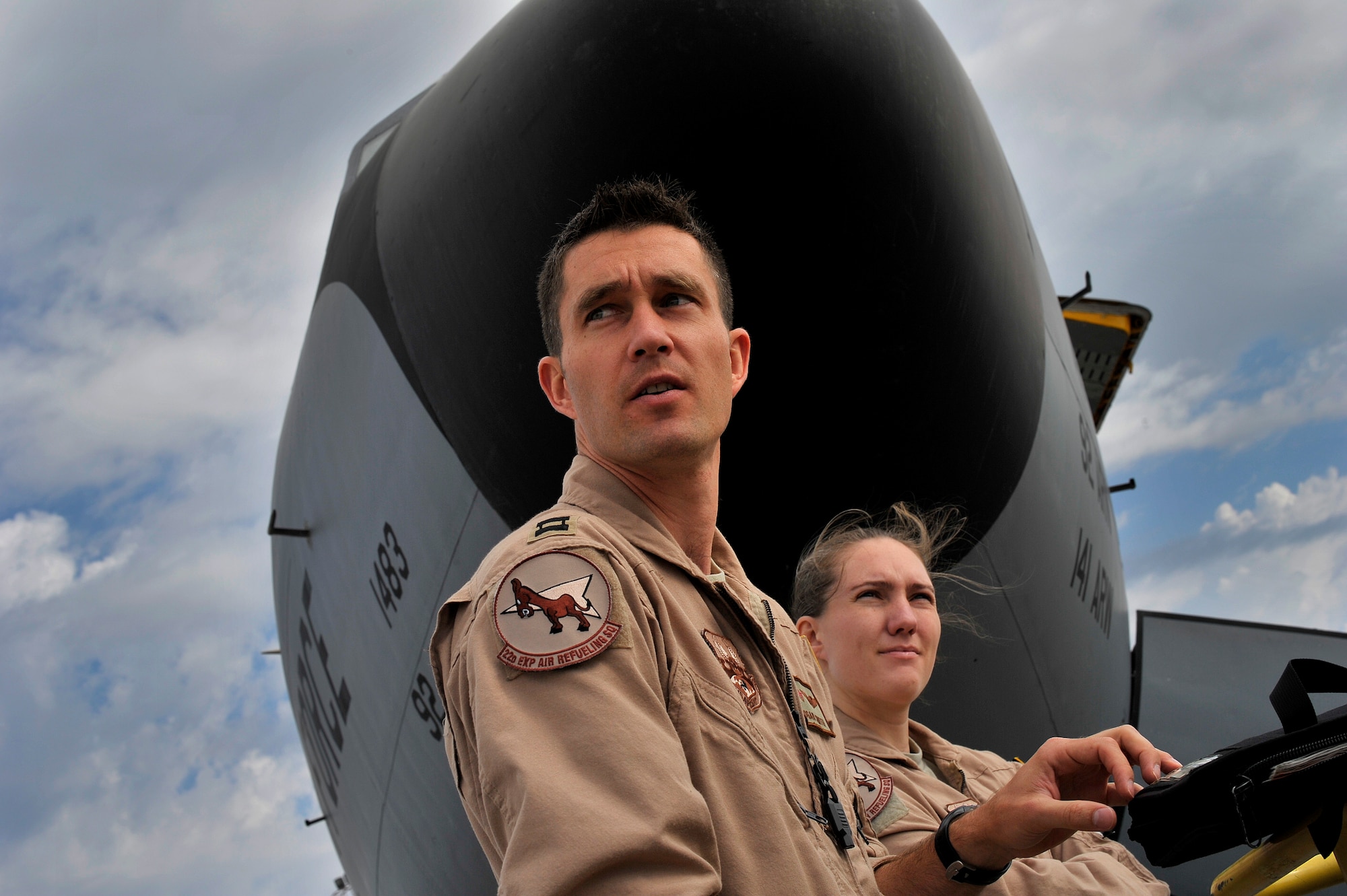 U.S. Air Force Capt. Logan Smith, KC-135 Stratotanker pilot, 22d Expeditionary Air Refueling Squadron, conducts a pre-flight safety briefing with other crew members during a refueling mission in support of Operation Enduring Freedom (OEF), Transit Center from Fairchild AFB, Wash. and conduct daily missions over Afghanistan.
(U.S. Air Force photo/Staff Sgt. Clay Lancaster/ Released)

