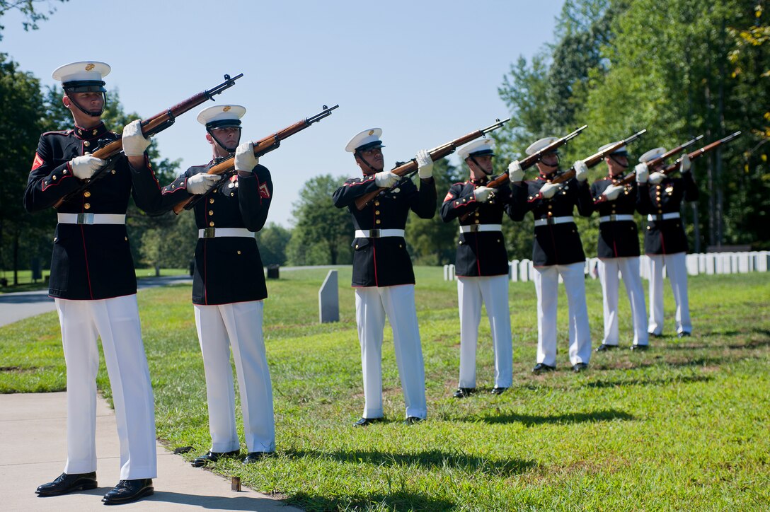 The official firing party, composed of Company B, Marine Barracks Washington Marines, practice without live rounds before the start of the funeral ceremony for Henry H. Black, seventh sergeant major of the Marine Corps, at Marine Corps Base Quantico, Va., Aug. 29. Black passed away in his home in Fredericksburg, Va., Aug. 24. He served in Korea and Vietnam and earned a Silver Star, Bronze Star, Purple Heart, and Combat Action Ribbon.