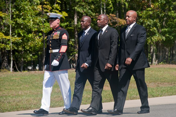 Sgt. Maj. Micheal P. Barrett, sergeant major of the Marine Corps, Carlton Kent, John Estrada and Alford McMichael, the 16th, 15th, and 14th sergeants major of the Marine Corps, march during the procession for the funeral of Henry H. Black, seventh sergeant major of the Marine Corps, at Marine Corps Base Quantico, Va., Aug. 29. Black passed away in his home in Fredericksburg, Va., Aug. 24. He served in Korea and Vietnam and earned a Silver Star, Bronze Star, Purple Heart, and Combat Action Ribbon.