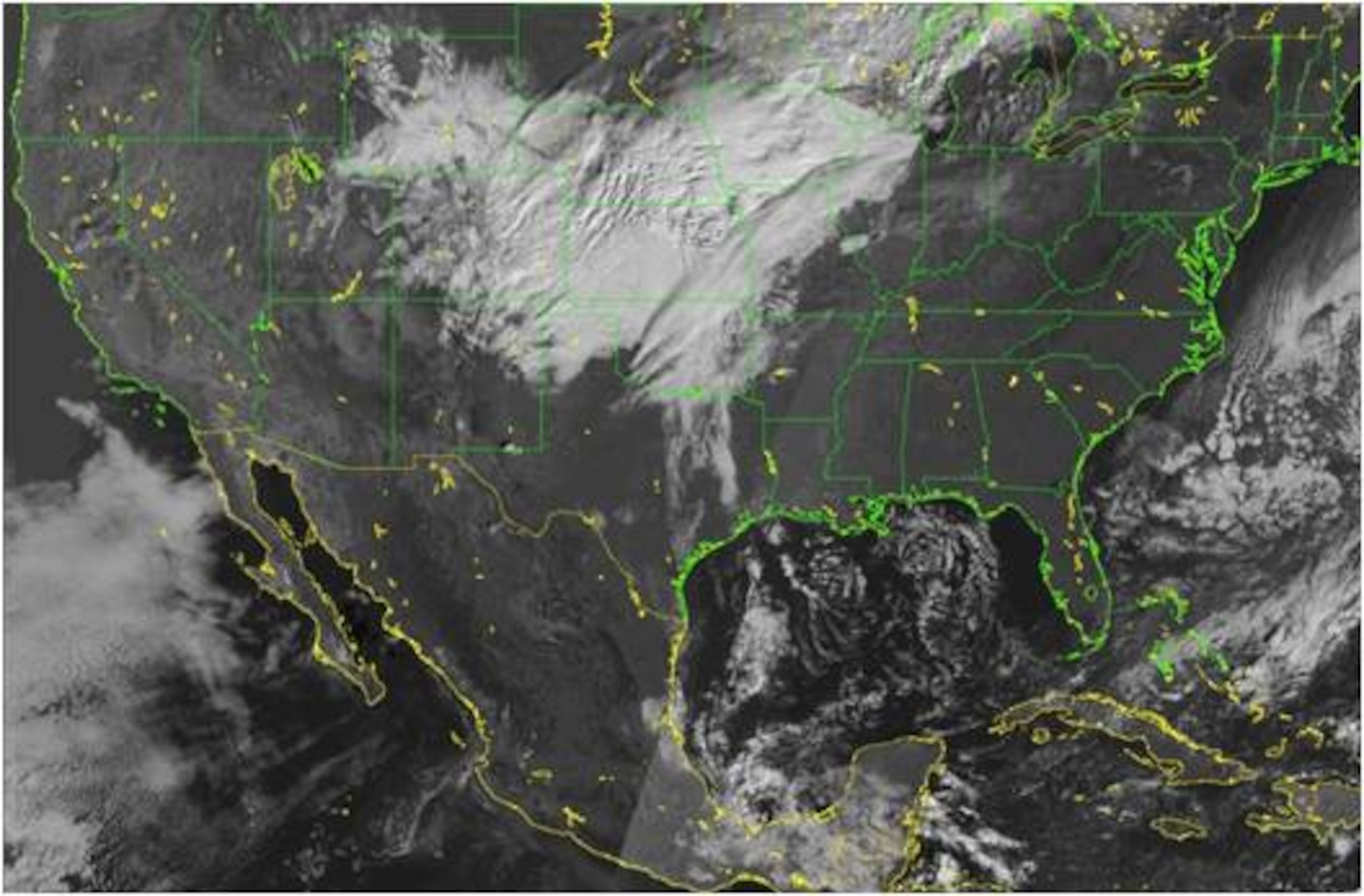 An image of the Uinited States taken by the DMSP Flight 18's Operational Linescan Sensor shows cloud cover.