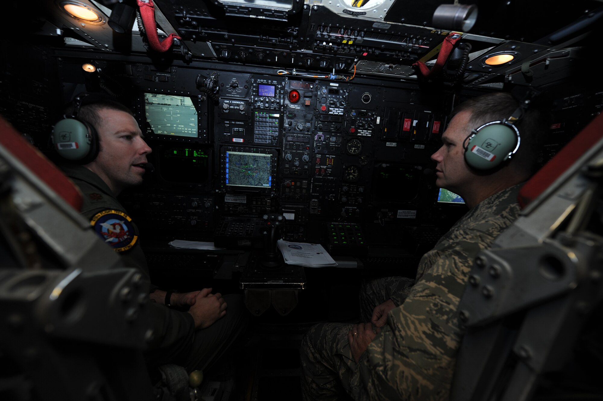 BARKSDALE AIR FORCE BASE, La. – Maj. Andrew Murphy, from Edwards AFB, Ca., briefs Air Force Board member, Brig. Gen. Steve Denker, during a tour of a B-52 Stratofortress bomber aircraft.  The board received briefings and toured the aircraft and other Air Force Global Strike Command weapon systems to better understand the command’s mission. (U.S. Air Force photo/Master Sgt. Corey Clements)