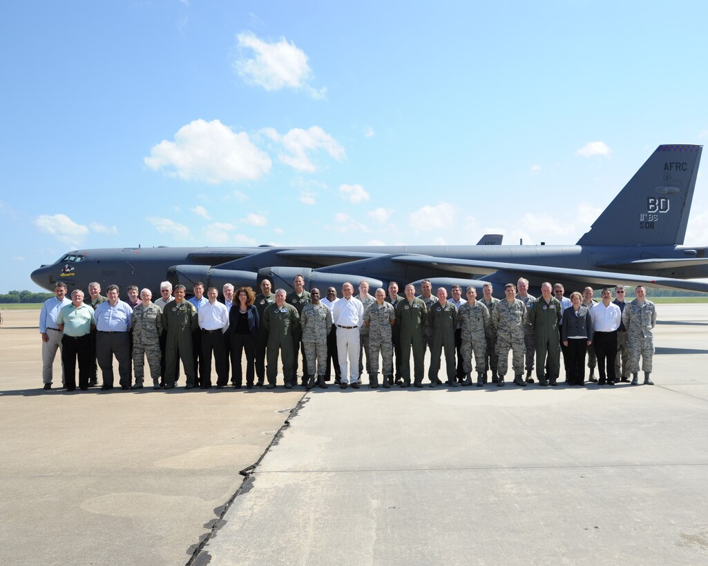 BARKSDALE AIR FORCE BASE, La. -- Air Force Board members pose for a group photo in front of a B-52H Stratofortress bomber aircraft during their visit Aug. 28-30. The board received briefings and toured Air Force Global Strike Command weapon systems to better understand the command’s mission. (U.S. Air Force photo/ Airman 1st Class Joseph A. Pagán Jr.)