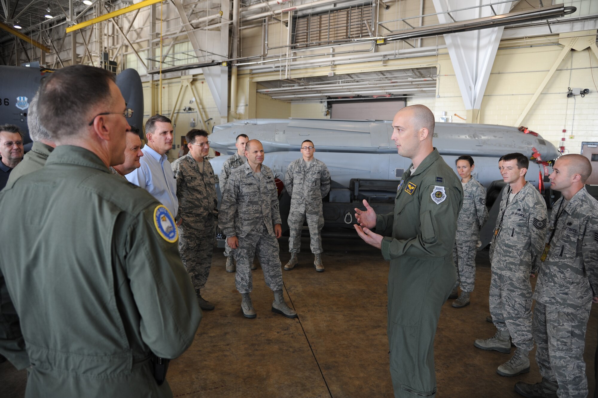BARKSDALE AIR FORCE BASE, La. -- Capt. Benjamin Poole, 2nd Operations Support Squadron, explains munitions capabilities for Air Force Global Strike Command weapons systems to Air Force Board members during their visit Aug. 28 - 30.  The board received briefings and toured Air Force Global Strike Command weapon systems to better understand the command’s mission. (U.S. Air Force photo/Master Sgt. Corey Clements)