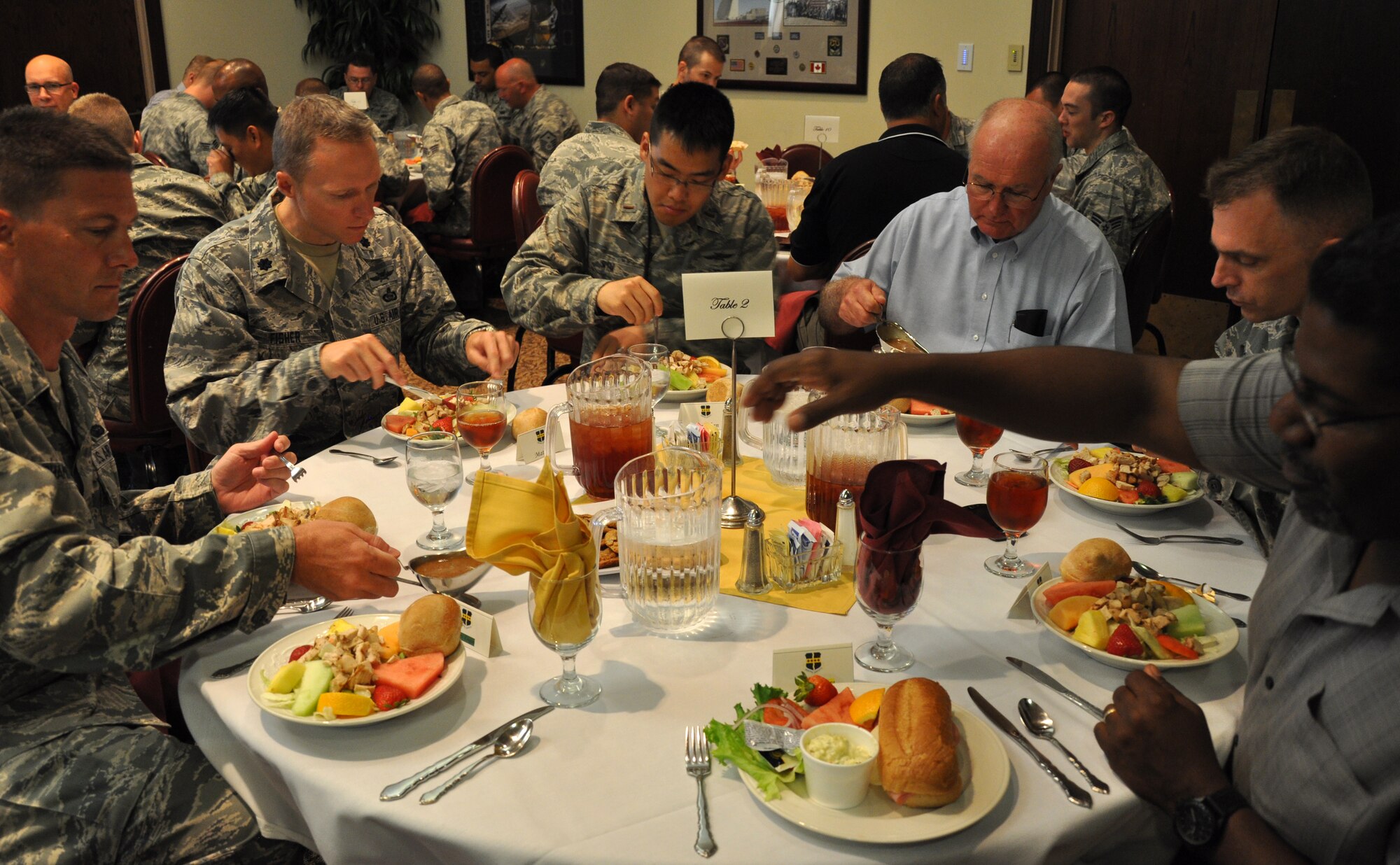 Members of Team Beale dine at the inaugural Armed Forces Communication and Electronics Association luncheon at the Recce Point Club Beale Air Force Base, Calif., Aug. 28, 2012. According to AFCEA it has chapters in more than 30 countries with approximately 31,000 members. (U.S. Air Force photo by Staff Sgt. Robert M. Trujillo)