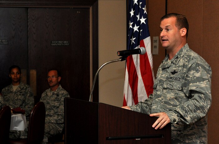 Col. Phil Stewart, 9th Reconnaissance Wing commander, speaks during the inaugural Armed Forces Communication and Electronics Association luncheon at the Recce Point Club Beale Air Force Base, Calif., Aug. 28, 2012. AFCEA is a non-profit membership association serving the military, government, industry, and academia as an ethical forum for advancing professional knowledge and relationships in the fields of communications, IT, intelligence, and global security. (U.S. Air Force photo by Staff Sgt. Robert M. Trujillo)