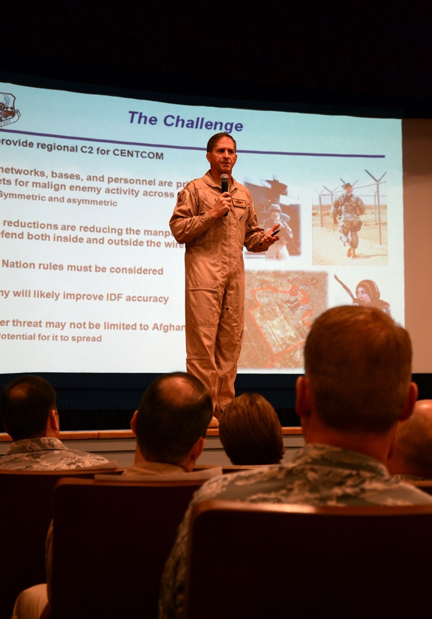 Lt. Gen. David Goldfein, U.S. Air Forces Central Command commander, speaks during a commander’s call, Aug. 30, 2012, at the base theater on Shaw Air Force Base, S.C. During the call, the general spoke to USAFCENT Airmen stationed at Shaw about the importance of their role as war-time planners in the command’s mission to deliver decisive Airpower for the United States Central Command and America. The general also visited, individually, with USAFCENT directorates during his two-day visit here. (Photo by Air Force Staff Sgt. Amanda Currier/Released)	