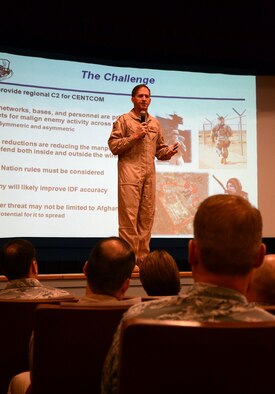 Lt. Gen. David Goldfein, U.S. Air Forces Central Command commander, speaks during a commander’s call, Aug. 30, 2012, at the base theater on Shaw Air Force Base, S.C. During the call, the general spoke to USAFCENT Airmen stationed at Shaw about the importance of their role as war-time planners in the command’s mission to deliver decisive Airpower for the United States Central Command and America. The general also visited, individually, with USAFCENT directorates during his two-day visit here. (Photo by Air Force Staff Sgt. Amanda Currier/Released)	