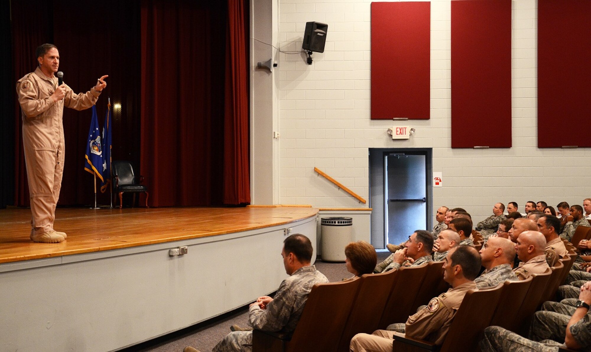 Lt. Gen. David Goldfein, U.S. Air Forces Central Command commander, discusses his vision for the command in 2013 with Airmen during a commander’s call, Aug. 30, 2012, at the base theater on Shaw Air Force Base, S.C. The general’s staff performs distributed operations between Shaw and a location in Southwest Asia. He said USAFCENT staff members here and in Southwest Asia must work together as a cohesive team for USAFCENT’s mission to succeed. (U.S. Air Force photo/Staff Sgt. Amanda Currier)