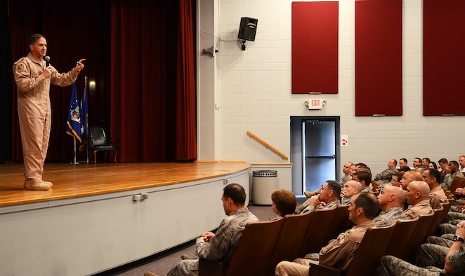 Lt. Gen. David Goldfein, U.S. Air Forces Central Command commander, discusses his vision for the command in 2013 with Airmen during a commander’s call, Aug. 30, 2012, at the base theater on Shaw Air Force Base, S.C. The general’s staff performs distributed operations between Shaw and a location in Southwest Asia. He said USAFCENT staff members here and in Southwest Asia must work together as a cohesive team for USAFCENT’s mission to succeed. (U.S. Air Force photo/Staff Sgt. Amanda Currier)