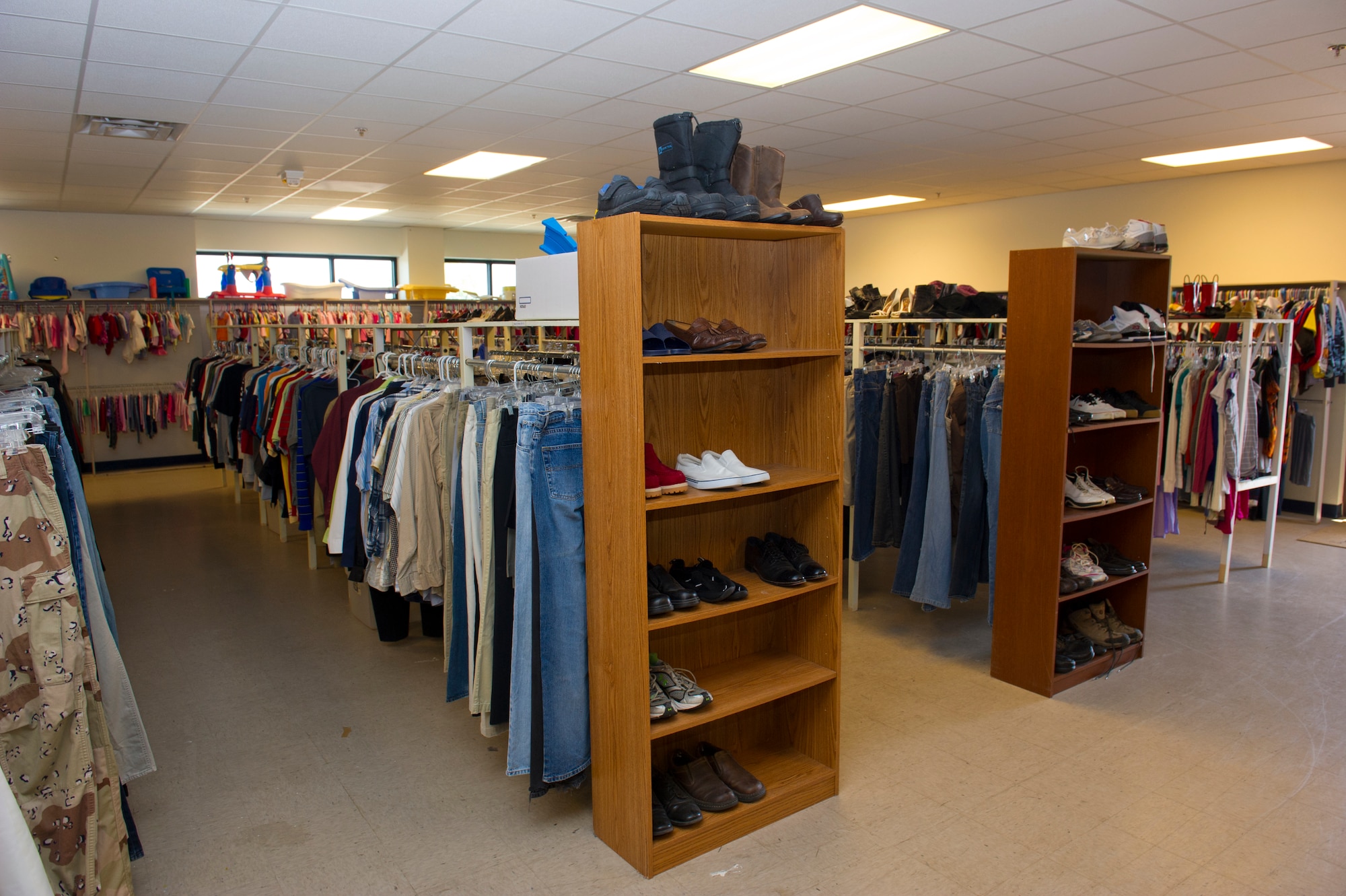 The Holloman Air Force Base, N.M., Airman’s Attic, pictured here Aug. 29, is a one-stop shop for many home and workplace items that the attic provides free of charge to Airmen that are E-5 and below. Currently the attic has electronics, childcare products, home decor, multimedia, furniture, kitchen supplies, clothing and shoes. (U.S. Air Force Photo by Airman 1st Class Michael Shoemaker/Released)