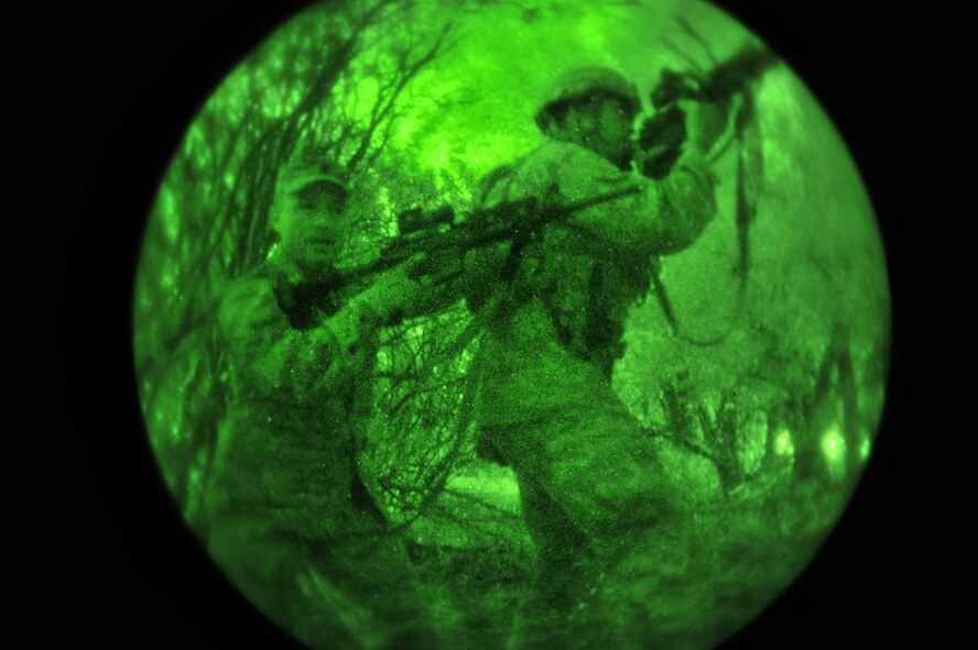 MINOT AIR FORCE BASE, N.D -- Airmen from the 91st Missile Security Forces Squadron had the opportunity to learn how to use and move about with night vision goggles during a recent training exercise. (US. Air Force photo/Senior Airman Brittany Y. Auld)

