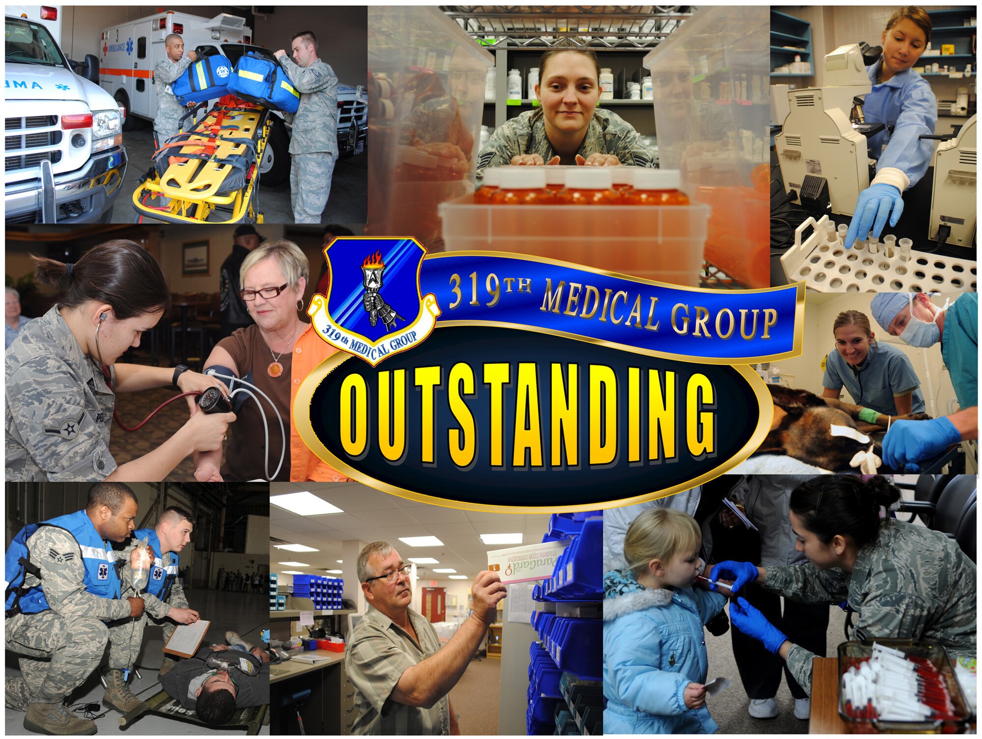 Members of the 319th Medical Group go about performing their various duties on Grand Forks Air Force Base, N.D. The 319th MDG received a rating of “Oustanding” during its 2012 Health Service Inspection. The group’s grade of 96 percent is the highest this year in the Air Force and third highest score ever given since HSIs began 12 years ago. (U.S. Air Force graphic/Senior Airman Luis Loza Gutierrez)