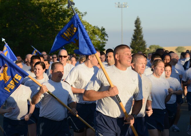 Master Sgt. Chad Hepner, 9th Medical Group first sergeant, leads the way for his group during Team Beale’s annual wing run August 30, 2012 at Beale Air Force Base, Calif. The run was two miles long and had more than 900 participants. (U.S. Air Force photo by Mr. John Schwab/ Released)
