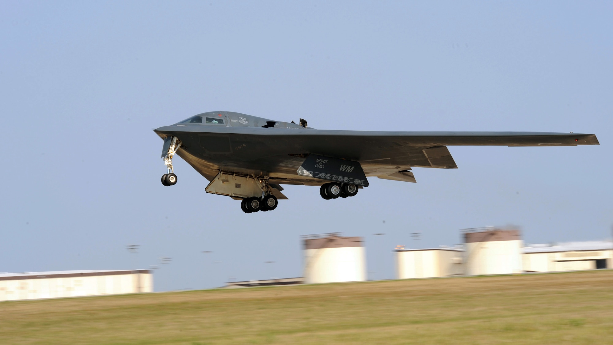The Spirit of Ohio, a B-2 Bomber, takes off during a Nuclear Operational Readiness Exercise, Aug 29, 2012 at Whiteman Air Force Base, Mo. The Spirit of Ohio was one of four jets generated and launched for the exercise. (U.S. Air Force photo/Airman 1st Class Bryan Crane) (Released)