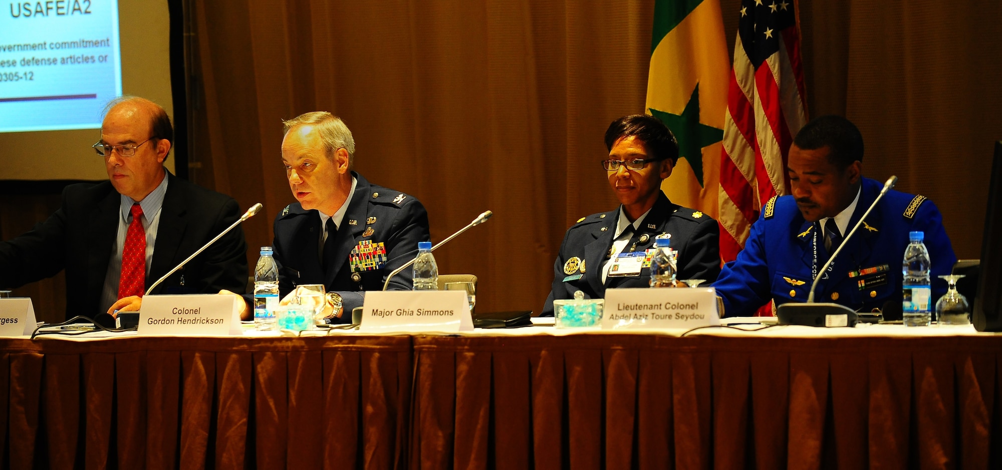 A panel of Intelligence, Surveillance and Reconnaissance experts as well as a representative from the Niger air force brief and answer questions from various African air chiefs at the Regional Air Chief Conference in Dakar, Senegal, Aug. 29, 2012. The conference was used to promote regional partnerships in Northern and Western Africa and to help find African solutions to African problems. (U.S. Air Force photo/Staff Sgt. Travis Edwards) 