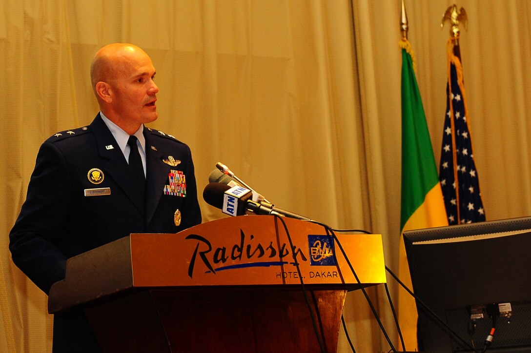 Maj. Gen. Carlton Everhart, 3rd Air Force vice commander speaks to various African air chiefs at the Regional Air Chief Conference in Dakar, Senegal, Aug. 28, 2012. The conference was used to promote regional partnerships in Northern and Western Africa and to help find African solutions to African problems. (U.S. Air Force photo/Staff Sgt. Travis Edwards) 