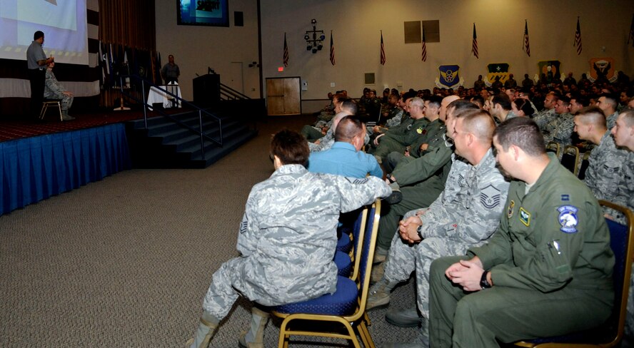 Barksdale personnel listen to a Street Smart safety briefing at Hoban Hall on Barksdale Air Force Base, La., Aug. 30. The briefing was held before the Labor Day weekend to give Barksdale Airmen tips to stay safe and prevent vehicular mishaps. (U.S. Air Force photo/Airman 1st Class Andrew Moua)(RELEASED)