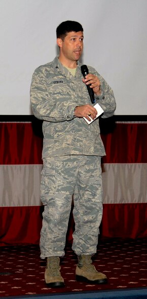 Col. Andrew Gebara, 2nd Bomb Wing commander, gives a speech before a Street Smart presentation at Hoban Hall on Barksdale Air Force Base, La., Aug 30. The briefing was held before the Labor Day weekend to give Barksdale Airmen tips to stay safe and prevent vehicular accidents. (U.S. Air Force photo/Airman 1st Class Andrew Moua)(RELEASED)