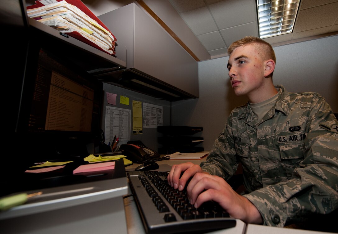 Airman Shane Swick, 28th Contracting Squadron contract administrator, compares the costs of replacement batteries for 28th Communications Squadron equipment at Ellsworth Air Force Base, S.D., Aug. 24, 2012. Airmen assigned to the 28th CONS process requests from squadrons around the base to secure mission essential resources in a cost efficient manner. (U.S. Air Force photo by Airman 1st Class Kate Thornton/Released) 