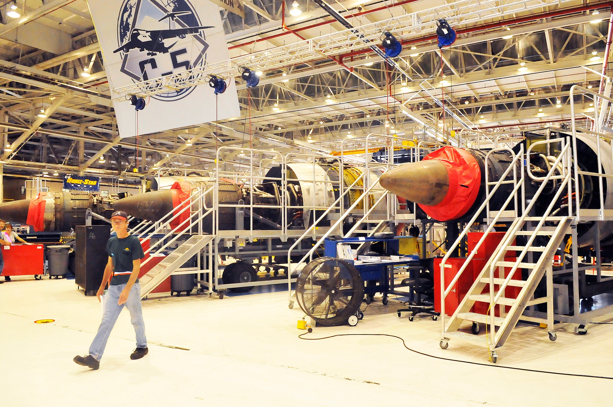 Improvements in the C-5 engine shop have made the environment safer and has streamlined the process for mechanics. (U. S. Air Force photo/Sue Sapp)
