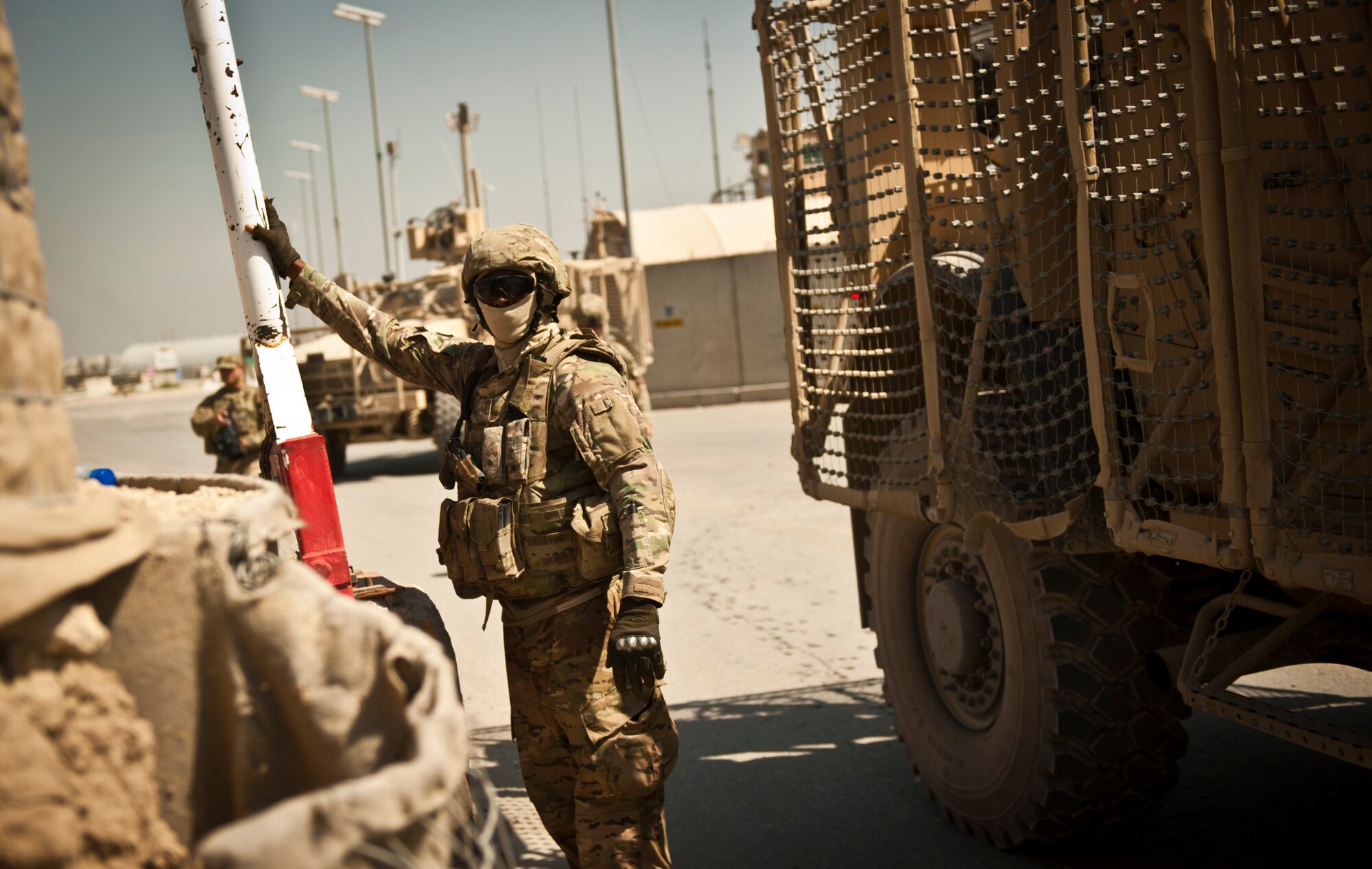 Airmen with the 455th Expeditionary Security Forces Squadron prepare to roll out to an entry control point at Bagram Airfield Afghanistan, Aug. 18, 2012. Hundreds of Security Forces Airmen keep a constant vigil on Bagram, ready to deter, engage and defeat any potential threats.  (U.S. Air Force Photo/Capt. Raymond Geoffroy)