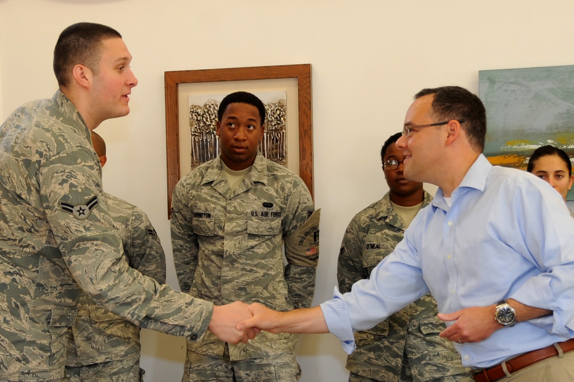 Mr. Daniel Ginsberg, Assistant Secretary of the Air Force for Manpower and Reserve Affairs, meets with airmen following breakfast during his visit at the 379th AEW, Southwest Asia, August 29, 2012. Mr.Ginsberg is responsible for providing overall supervision of manpower, military and civilian personnel, Reserve component affairs, and readiness support for the Department of the Air Force. (U.S. Air Force photo/Staff Sgt. Sheila deVera)
