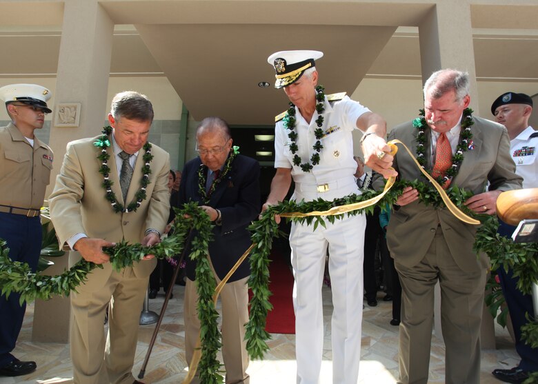 APCSS Director, retired U.S. Air Force Lt. Gen. Dan Leaf, left; U.S. Senator Daniel Inouye; Admiral Samuel J. Locklear III, U.S. Pacific Command; and Peter F. Verga representing the Office of the Secretary of Defense for Policy untie the maile lei during the official opening of Maluhia Hall, a new state-of-the-art learning center, at the Asia-Pacific Center for Security Studies on August 24, 2012. The $11.4 million learning center brings more than 10,000 sq ft of additional classroom space to support U.S. Department of Defense institute’s security cooperation and executive education programs.