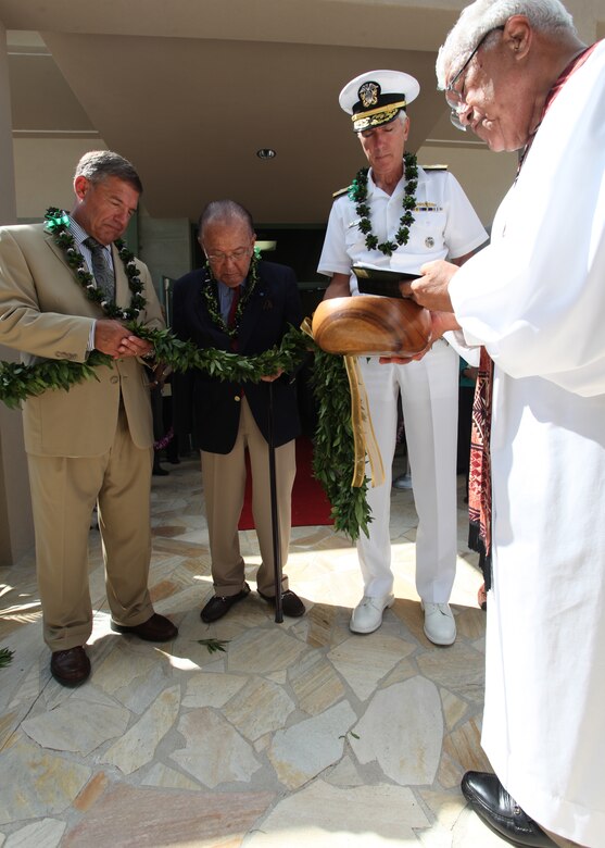 APCSS Director, retired U.S. Air Force Lt. Gen. Dan Leaf, left; U.S. Senator Daniel Inouye; and Admiral Samuel J. Locklear III, U.S. Pacific Command, participate in the tradition blessing during the official opening of Maluhia Hall, a new state-of-the-art learning center, at the Asia-Pacific Center for Security Studies.  The $11.4 million learning center brings more than 10,000 sq ft of additional classroom space to support U.S. Department of Defense institute’s security cooperation and executive education programs.