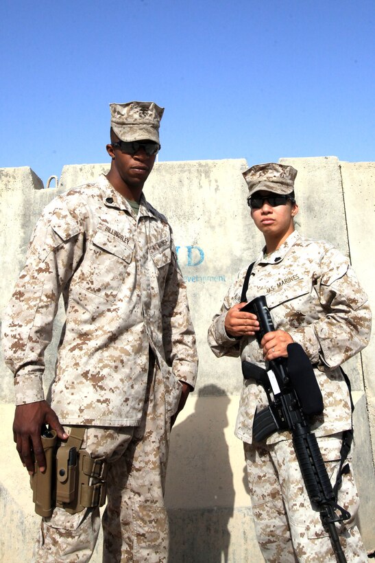 Marine Corps Staff Sgt. Luke Billingsley and his wife, Marine Corps Sgt. Nancy Billingsley, are serving a seven-month deployment together in Afghanistan. U.S. Marine Corps photo by Cpl. Mark Garcia