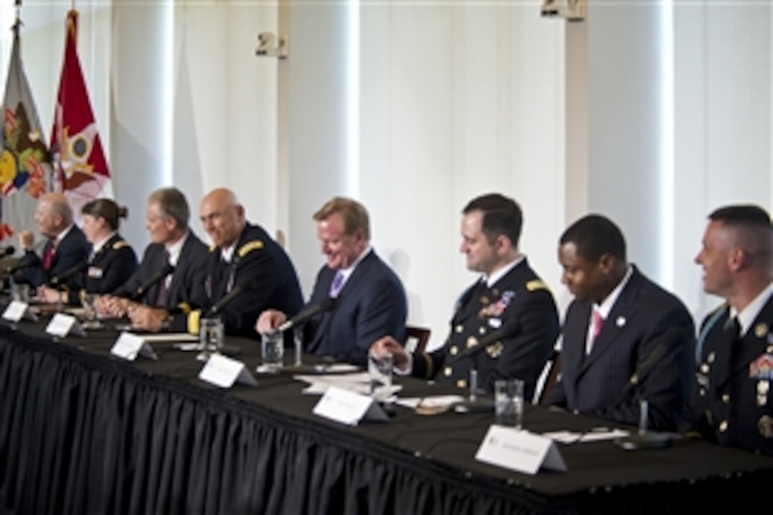 Army Chief of Staff Gen. Ray Odierno, center left, is joined by National Football League Commissioner Roger Goodell, center right, and a panel of retired NFL players and soldiers with traumatic brain injury experience during a TBI awareness panel discussion at the U.S. Military Academy at West Point, N.Y., Aug. 30, 2012.