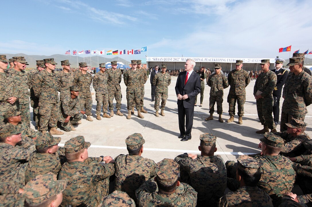 Ray Mabus, the secretary of the Navy, speaks with Marines and sailors before the closing ceremony for Exercise Khaan Quest 2012 at the Five Hills Training Area near Ulaanbaatar, Mongolia, Aug. 23. The Marines and sailors are with 2nd Battalion, 3rd Marine Regiment, 3rd Marine Division, III Marine Expeditionary Force, and 3rd Battalion, 11th Marine Regiment, 1st Marine Division, 1st Marine Expeditionary Force.
