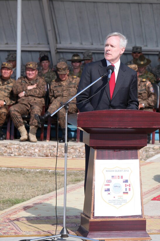 Ray Mabus, the secretary of the Navy, addresses participants and distinguished visitors during the closing ceremony for Exercise Khaan Quest 2012 at the Five Hills Training Area near Ulaanbaatar, Mongolia, Aug. 23.
