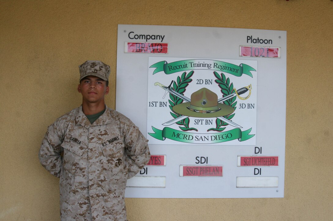 Pfc. Gino Garcia, Platoon 1021, Company B, 1st Recruit Training Battalion, is looking to use his experiences in the Marine Corps to become a police officer like his mother, who died when he was six. The Chicago native will be returning home after completing his training to serve in the Marine Corps Reserve and attend school at Illinois State University.