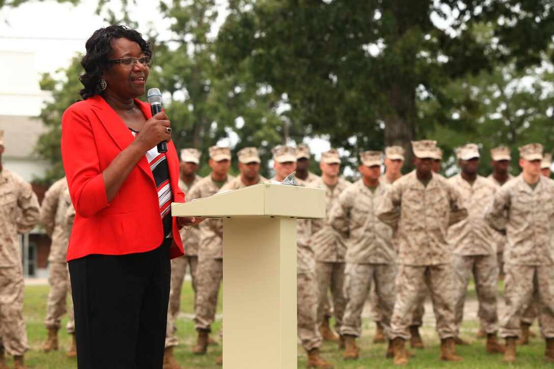 Jacquelyn W. Southerland, a financial technician supervisor with 2nd Marine Logistics Group’s disbursing office, thanks the assembled Marines for their support during her retirement ceremony aboard Camp Lejeune, Aug. 30, 2012. The entire office assembled to bid farewell to Southerland, who dedicated more than three decades to serving the financial needs of servicemembers. She said that her only hope is that she “touched the hearts” of some of the people she worked with over her 33 years of service. 