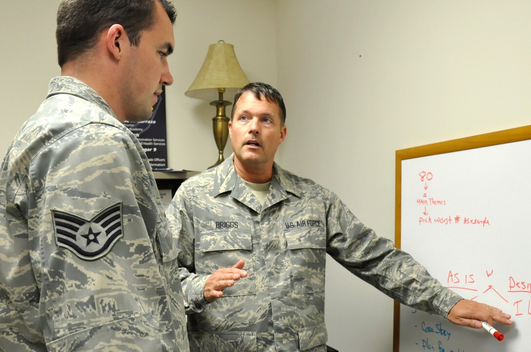 Master Sgt. James Briggs (center), 446th Airlift Wing Equal Opportunity Office superintendent, walks Staff Sgt. Joseph Jensen through some on-the-job training at the 446th EO Office here, Aug. 31, 2012. The 446th EO mission is to equip and educate Reservists on the importance of proper human relations in their work area including mediation, consultations, and communication strategies. (U.S. Air Force photo by Master Sgt. Jake Chappelle) 