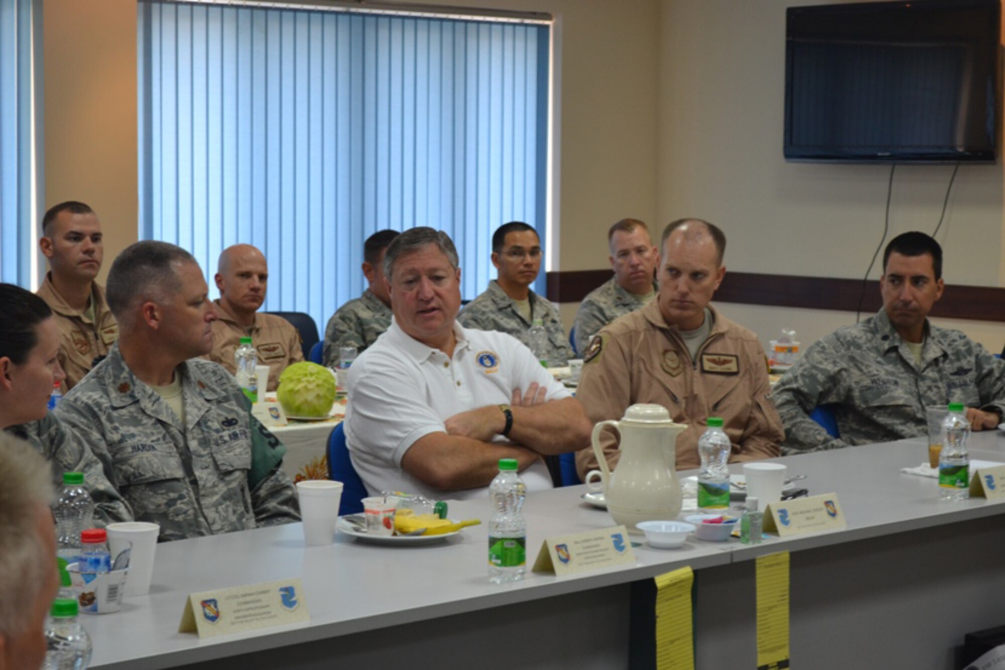 SOUTHWEST ASIA – Secretary of the Air Force Michael B. Donley, center, visits with members of the South Dakota Air National Guard’s 114th Security Forces Squadron during a leadership breakfast while on a visit to Southwest Asia Aug. 24, 2012. The 114th SFS, based out of Joe Foss Field in Sioux Falls, S.D., has been deployed since April and has been providing law enforcement, troop escort and security work within a base in Southwest Asia. (U.S. Air Force photo by 405th Expeditionary Security Forces Squadron) (RELEASED)