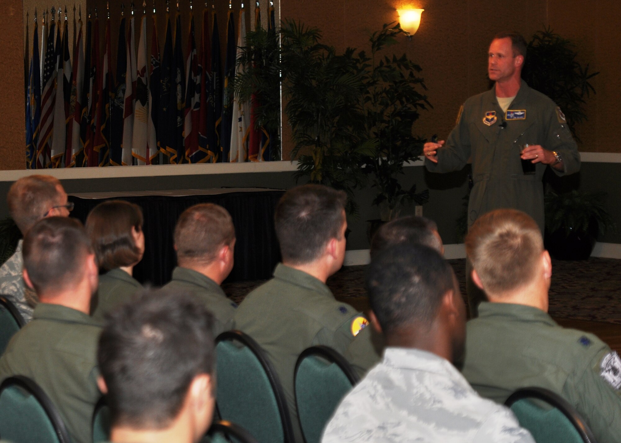 Col. Jim Sears, 14th Flying Training Wing Commander speaks to permanent party officers during an Officer Call Aug. 24 at the Columbus Club.  Sears gave the officers his perspective and expectations of the base and some areas that could be improved upon.  (U.S. Air Force Photo/Airman 1st Class Charles Dickens)