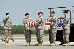 A U.S. Army carry team transfers the remains of Army Pfc. Shane W. Cantu, of Corunna, Mich., at Dover Air Force Base, Del., Aug. 30, 2012. (U.S. Air Force photo/Roland Balik)
