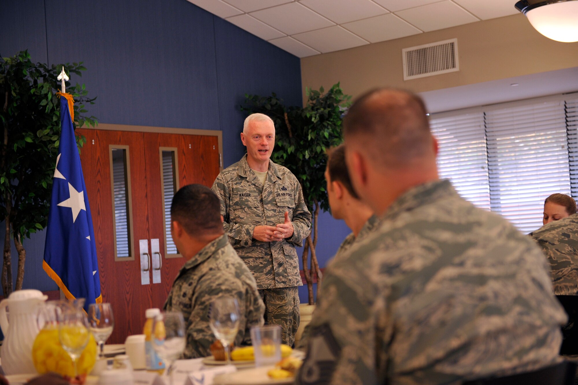 Chief Master Sgt. Andy Kaiser, Air Mobility Command command chief, speaks to Airman inside the Hercules Dinning Facility Aug. 30, 2012, at Little Rock Air Force Base, Ark. At the Hercules Dinning Facility, Kaiser spoke to 15 Team Little Rock Airman and held a question and answer session. (U.S. Air Force photo by Airman 1st Class Rusty Frank)