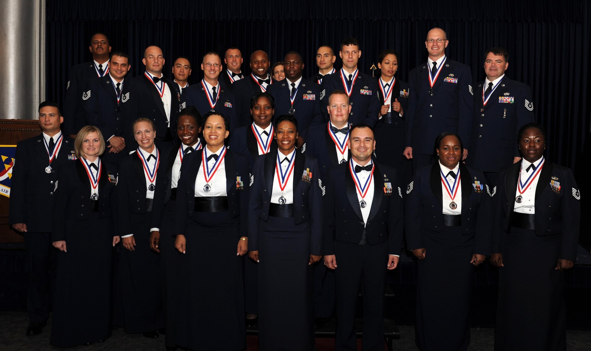 Senior NCO inductees gather for a photo during the 2012 Senior Noncommissioned Officer Induction Ceremony Aug. 30, 2012, at the Club Complex ballroom at Incirlik Air Base, Turkey. The ceremony was the capstone event to a week-long course designed to provide training and information to aide future senior NCOs. Twenty-five Incirlik NCOs were inducted into the senior NCO ranks. (U.S. Air Force photo by Senior Airman Jarvie Z. Wallace/Released)
