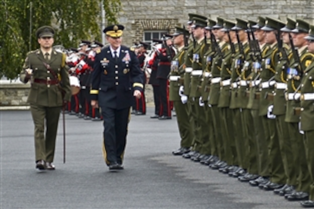 U.S. Army Gen. Martin E. Dempsey, chairman of the Joint Chiefs of Staff, reviews the Irish Honor Guard at Brugha Barracks in Dublin, Aug. 31, 2012.