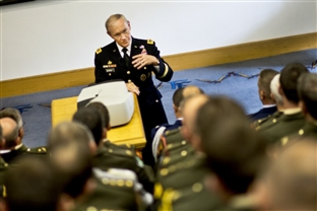 U.S. Army Gen. Martin E. Dempsey, chairman of the Joint Chiefs of Staff, speaks to members of the Senior Command and Staff Course at Brugha Barracks in Dublin, Aug. 31, 2012.