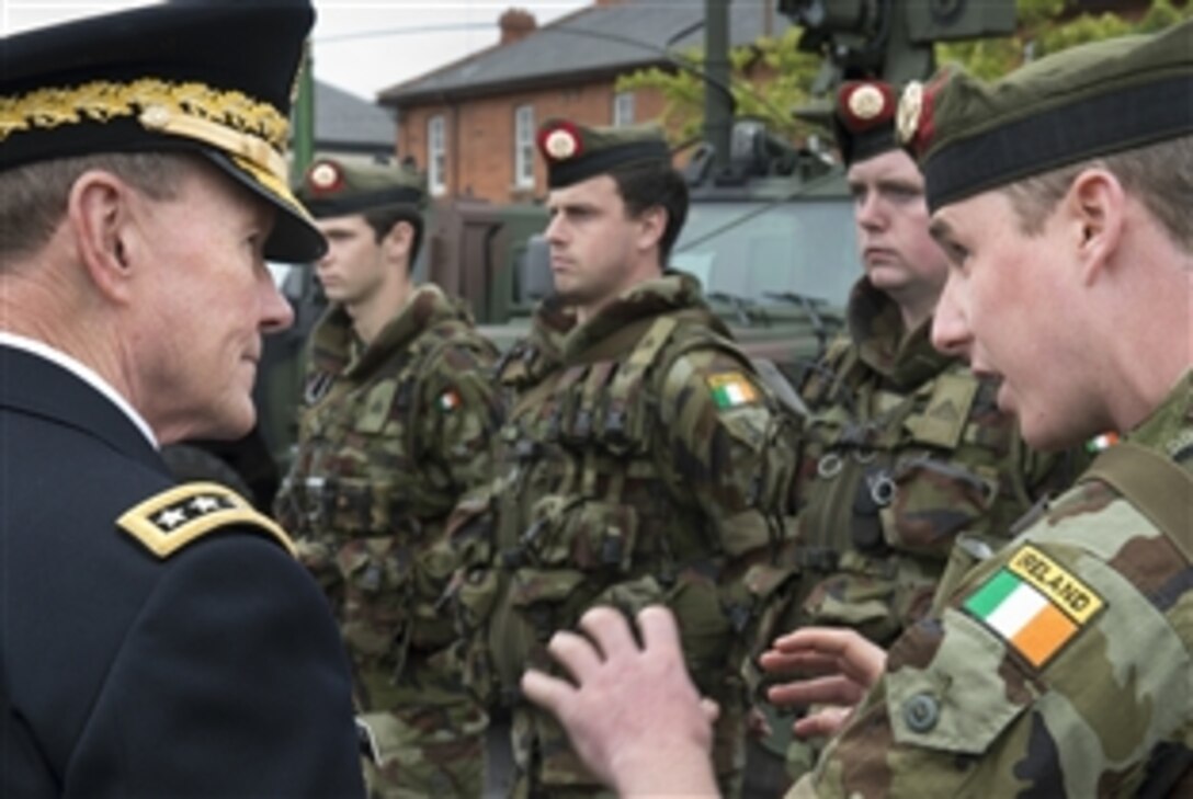 U.S. Army Gen. Martin E. Dempsey, chairman of the Joint Chiefs of Staff, receives a briefing from members of the Irish Defense Forces at Brugha Barracks in Dublin, Aug. 31, 2012.