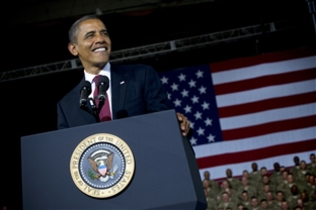 President Barack Obama addresses service members and their families during a visit to Fort Bliss, Texas, Aug. 31, 2012.