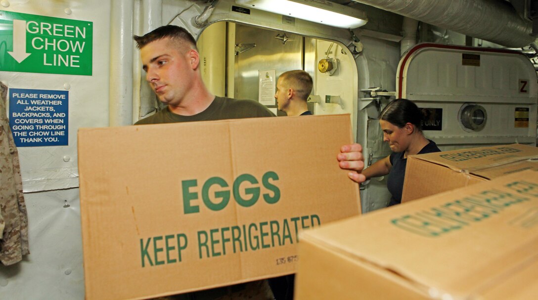 Cpl. Joshua Jones, a Marietta, Ga., native with Marine Medium Tiltrotor Squadron 261 (Reinforced), 24th Marine Expeditionary Unit, moves boxes of eggs and other food supplies during a replenishment at sea detail Aug. 29, 2012, aboard USS Iwo Jima. During the RAS the USS Iwo Jima took on fuel, fresh fruits, vegetables, supplies and mail to sustain the ship through the next few weeks. The 24th MEU is deployed with the Iwo Jima Amphibious Ready Group as a theater reserve force for U.S. Central Command and is providing support for maritime security operations and theater security cooperation efforts in the U.S. Navy's 5th Fleet area of responsibility.